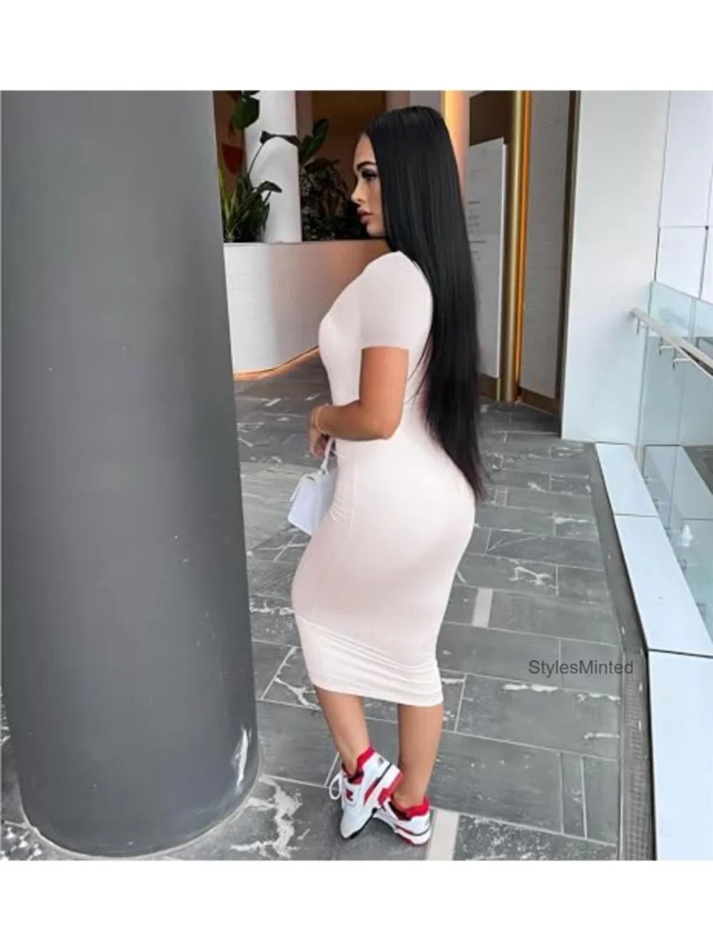 Bodycon Midi Dress Short Sleeve Crew Neck Slim Fit Comfy Stretch Clubwear